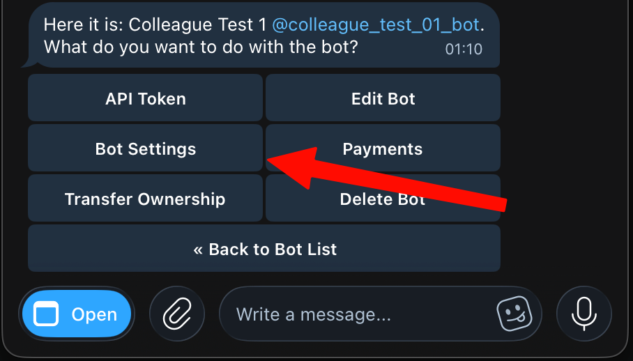 Choose Bot Settings in BotFather.