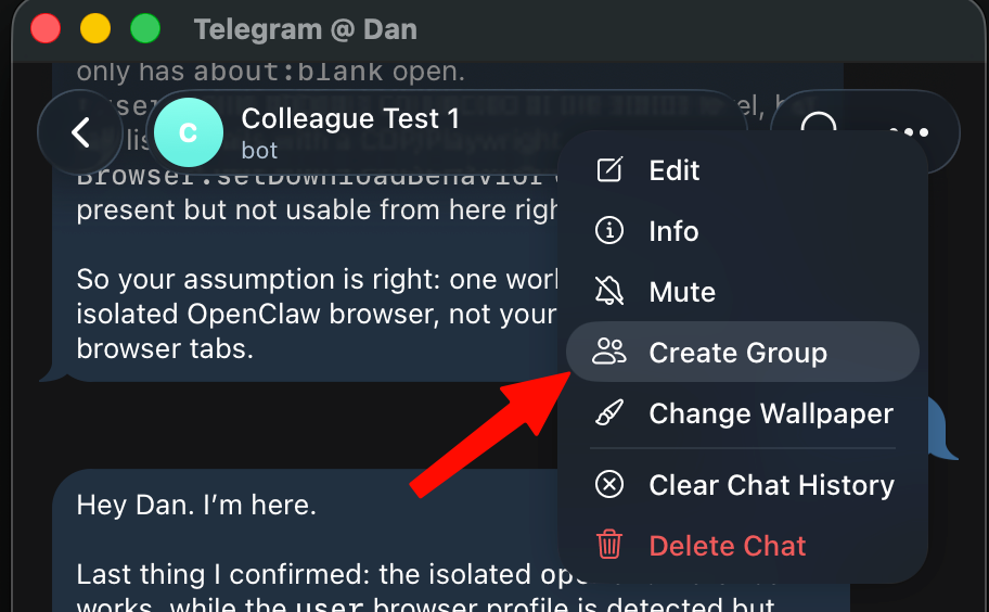 Choose Create Group from the bot chat menu.