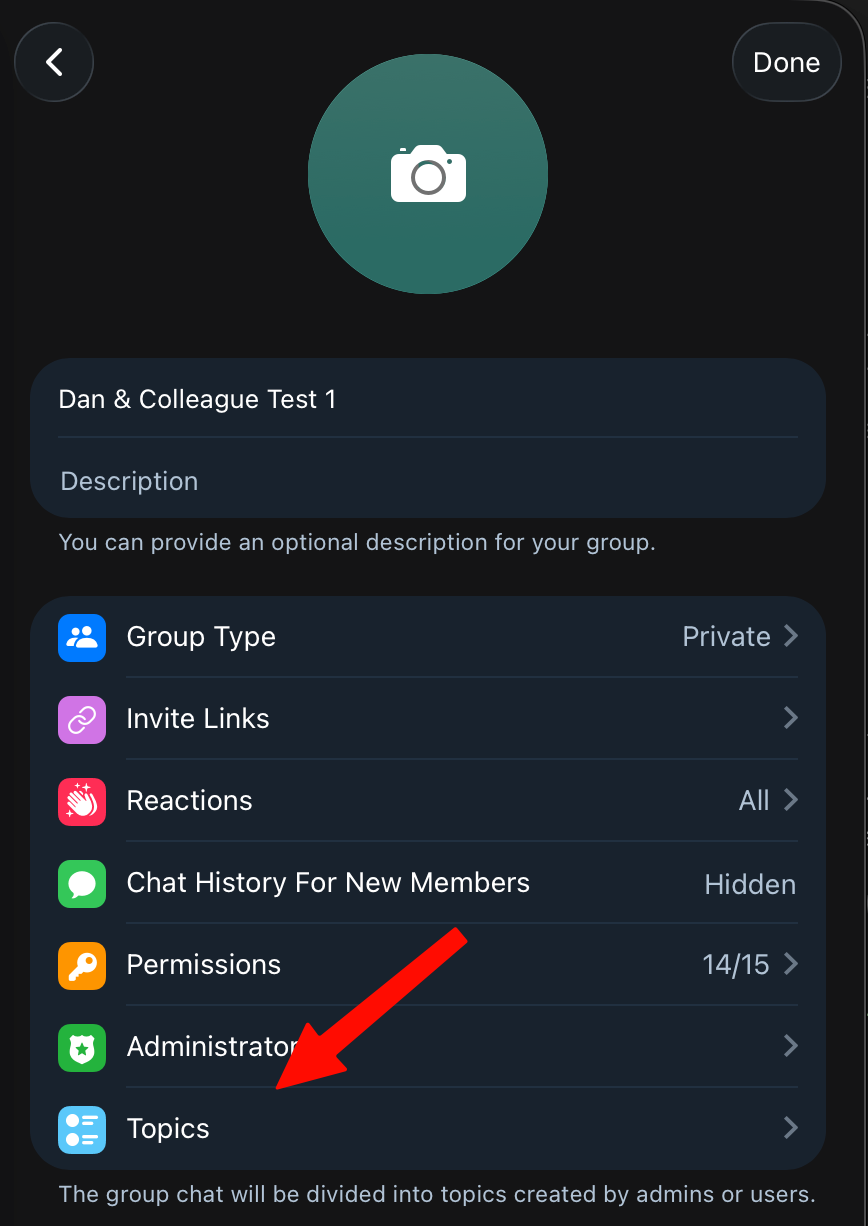 Open Topics in the Telegram group settings.